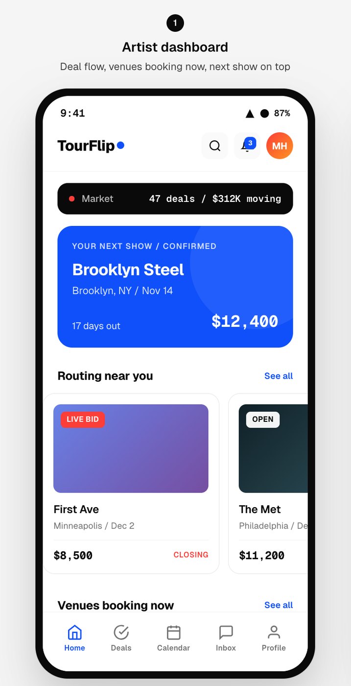 TourFlip artist dashboard